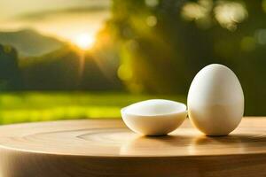 twee eieren Aan een houten tafel met de zon in de achtergrond. ai-gegenereerd foto