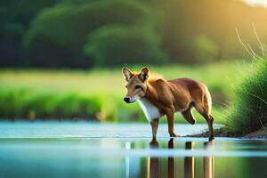 een hond wandelen aan de overkant de water in de gras. ai-gegenereerd foto