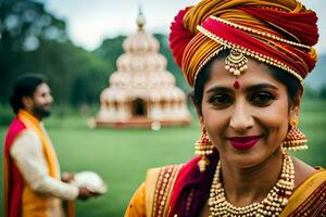 een vrouw in traditioneel Indisch kleding poses voor een foto. ai-gegenereerd foto