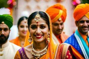 een bruid in een oranje sari met haar familie. ai-gegenereerd foto