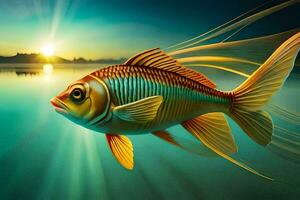 goudvis, vis, water, zonsondergang, water, vis, zonsondergang, water, vis,. ai-gegenereerd foto