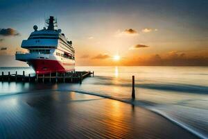 een reis schip aangemeerd Bij de strand Bij zonsondergang. ai-gegenereerd foto