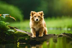 een hond zittend Aan een log in de water. ai-gegenereerd foto