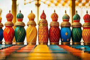 kleurrijk houten schaak stukken Aan een tafel. ai-gegenereerd foto