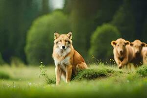 een hond en twee koeien in een veld. ai-gegenereerd foto