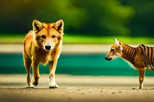 een bruin hond en een gestreept dier wandelen samen. ai-gegenereerd foto