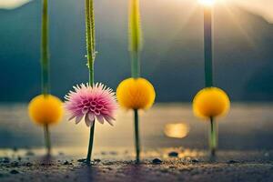 vier bloemen zijn staand in de water met de zon schijnt. ai-gegenereerd foto