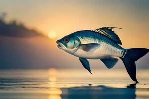 een vis is jumping uit van de water Bij zonsondergang. ai-gegenereerd foto
