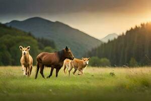 drie paarden rennen in de gras met bergen in de achtergrond. ai-gegenereerd foto