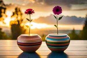 twee kleurrijk vazen met bloemen Aan een tafel. ai-gegenereerd foto