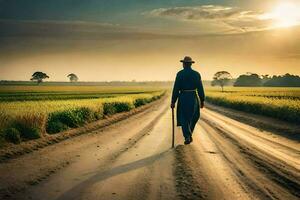 een Mens in een hoed wandelen naar beneden een aarde weg. ai-gegenereerd foto