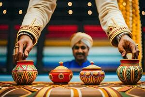 een Mens in een tulband is Holding een pot met kleurrijk verf. ai-gegenereerd foto