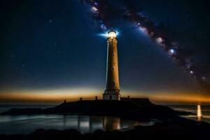 een vuurtoren is lit omhoog door de melkachtig manier. ai-gegenereerd foto