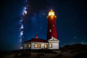 een vuurtoren met een sterrenhemel lucht bovenstaand het. ai-gegenereerd foto