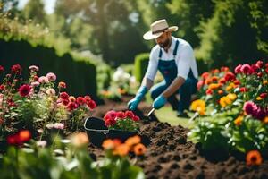 een Mens is werken in de tuin met bloemen. ai-gegenereerd foto