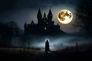 een vrouw wandelingen in voorkant van een kasteel in de donker. ai-gegenereerd foto