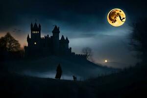 een Mens wandelen in voorkant van een kasteel Bij nacht. ai-gegenereerd foto