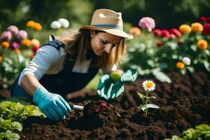een vrouw in een hoed en handschoenen is werken in de tuin. ai-gegenereerd foto