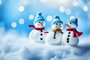 drie sneeuwmannen vervelend hoeden en sjaals in de sneeuw. ai-gegenereerd foto
