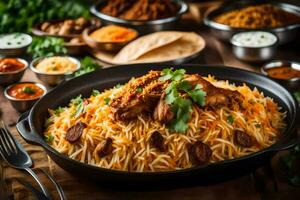 Indisch voedsel in een pan met specerijen en groenten. ai-gegenereerd foto