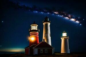 drie vuurtorens zijn lit omhoog onder de nacht lucht. ai-gegenereerd foto