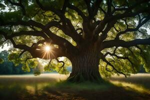 de zon schijnt door de takken van een oud eik boom. ai-gegenereerd foto