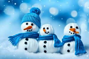 drie sneeuwmannen vervelend sjaals en hoeden. ai-gegenereerd foto