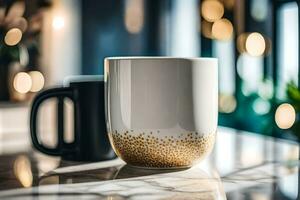 een koffie mok met goud dots Aan het. ai-gegenereerd foto