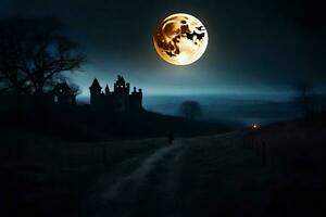 een vol maan is gezien over- een kasteel in de donker. ai-gegenereerd foto