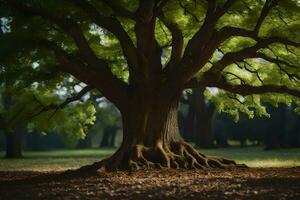 een groot boom met wortels in de grond. ai-gegenereerd foto