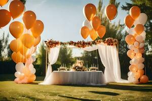 een buitenshuis bruiloft met oranje ballonnen en wit gordijnen. ai-gegenereerd foto