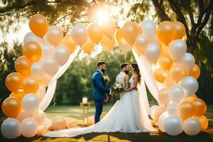 bruiloft paar onder de boog van ballonnen. ai-gegenereerd foto