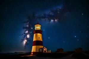 de vuurtoren Bij nacht met sterren in de lucht. ai-gegenereerd foto