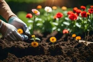 een persoon in handschoenen is aanplant bloemen in de tuin. ai-gegenereerd foto