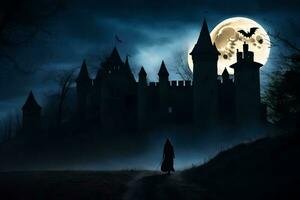 een persoon wandelingen door een donker Woud Bij nacht met een kasteel in de achtergrond. ai-gegenereerd foto