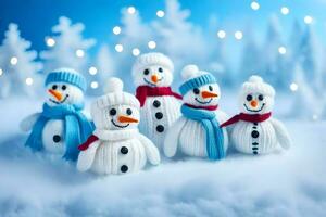 vijf sneeuwmannen vervelend sjaals en hoeden in de sneeuw. ai-gegenereerd foto