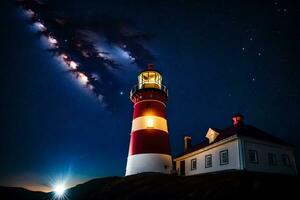 een vuurtoren met een sterrenhemel lucht bovenstaand het. ai-gegenereerd foto