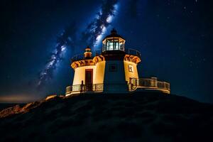 de melkachtig manier over- de vuurtoren Bij nacht. ai-gegenereerd foto