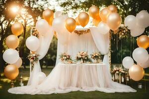bruiloft decoratie met goud ballonnen en wit tule. ai-gegenereerd foto