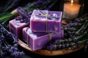 biologisch zeep met lavendel handgemaakt Bij huis. ai gegenereerd foto