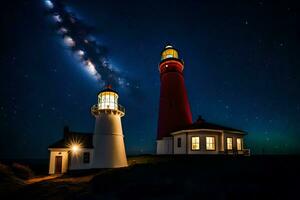 twee vuurtorens zijn lit omhoog onder de nacht lucht. ai-gegenereerd foto