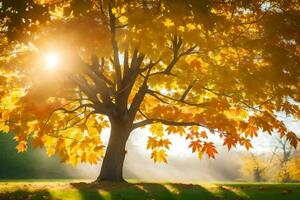 de zon schijnt door de bladeren van een boom in de herfst. ai-gegenereerd foto