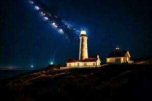 de vuurtoren Bij nacht met de melkachtig in de lucht. ai-gegenereerd foto