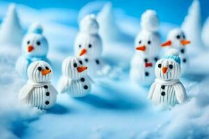 sneeuwmannen gemaakt van gebreid wol zijn geregeld in een groep. ai-gegenereerd foto
