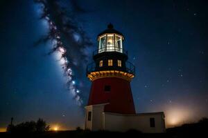 de melkachtig manier over- de vuurtoren Bij nacht. ai-gegenereerd foto