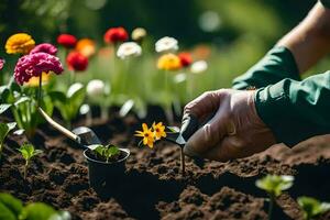 een persoon is aanplant bloemen in de tuin. ai-gegenereerd foto