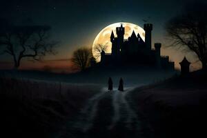 twee mensen wandelen in voorkant van een kasteel Bij nacht. ai-gegenereerd foto