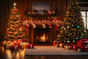 Kerstmis boom in een kamer met presenteert en een haard. ai-gegenereerd foto