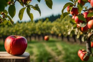 een appel is zittend Aan een houten post in een appel boomgaard. ai-gegenereerd foto