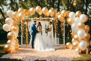 bruiloft ceremonie in de tuin met goud ballonnen. ai-gegenereerd foto